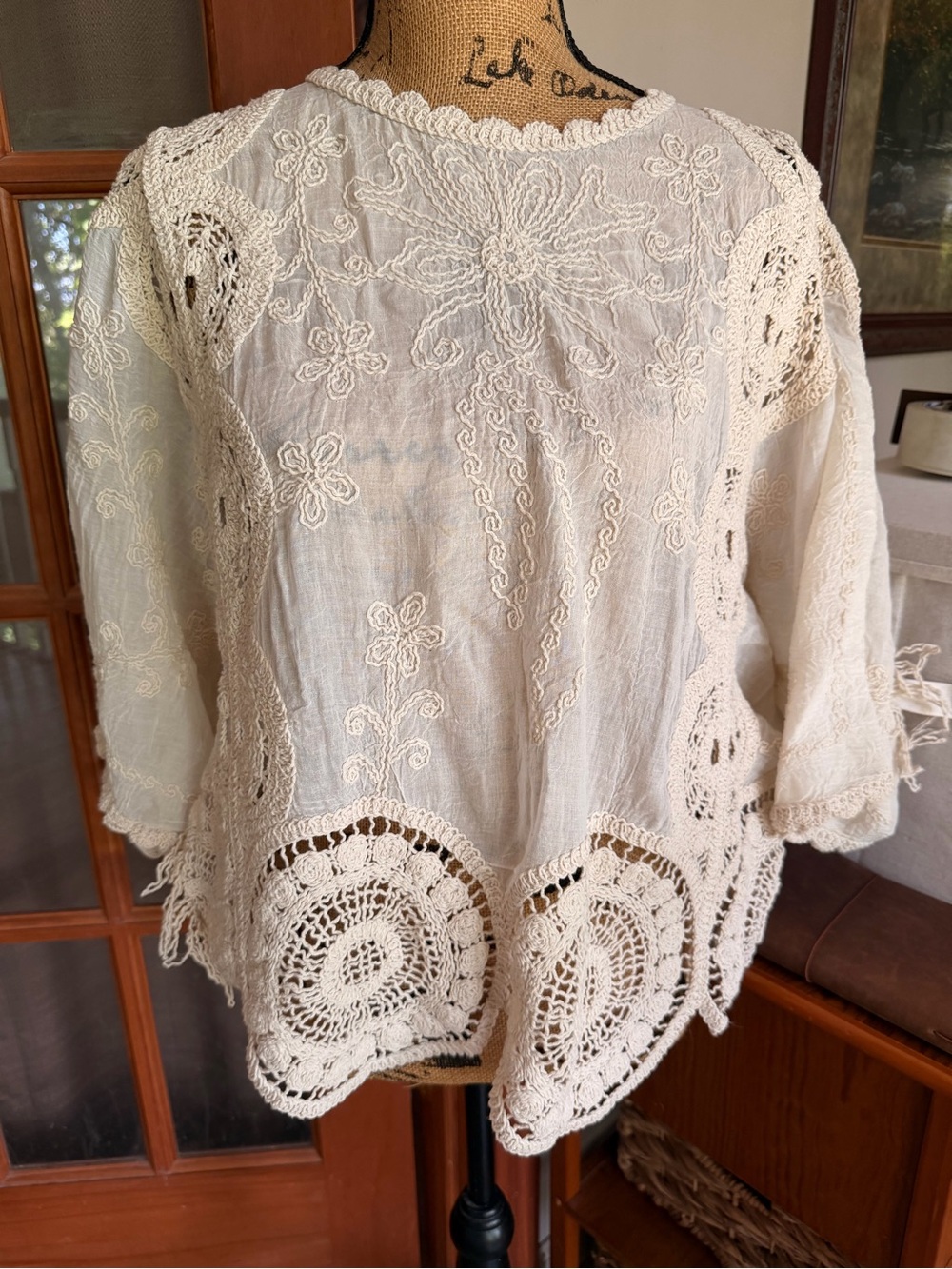 POL Cream Crochet Lace Peasant Blouse